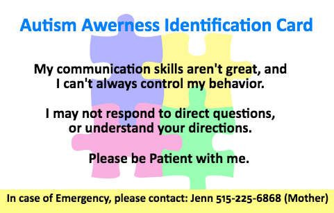 Back of Autism Safety Information Card